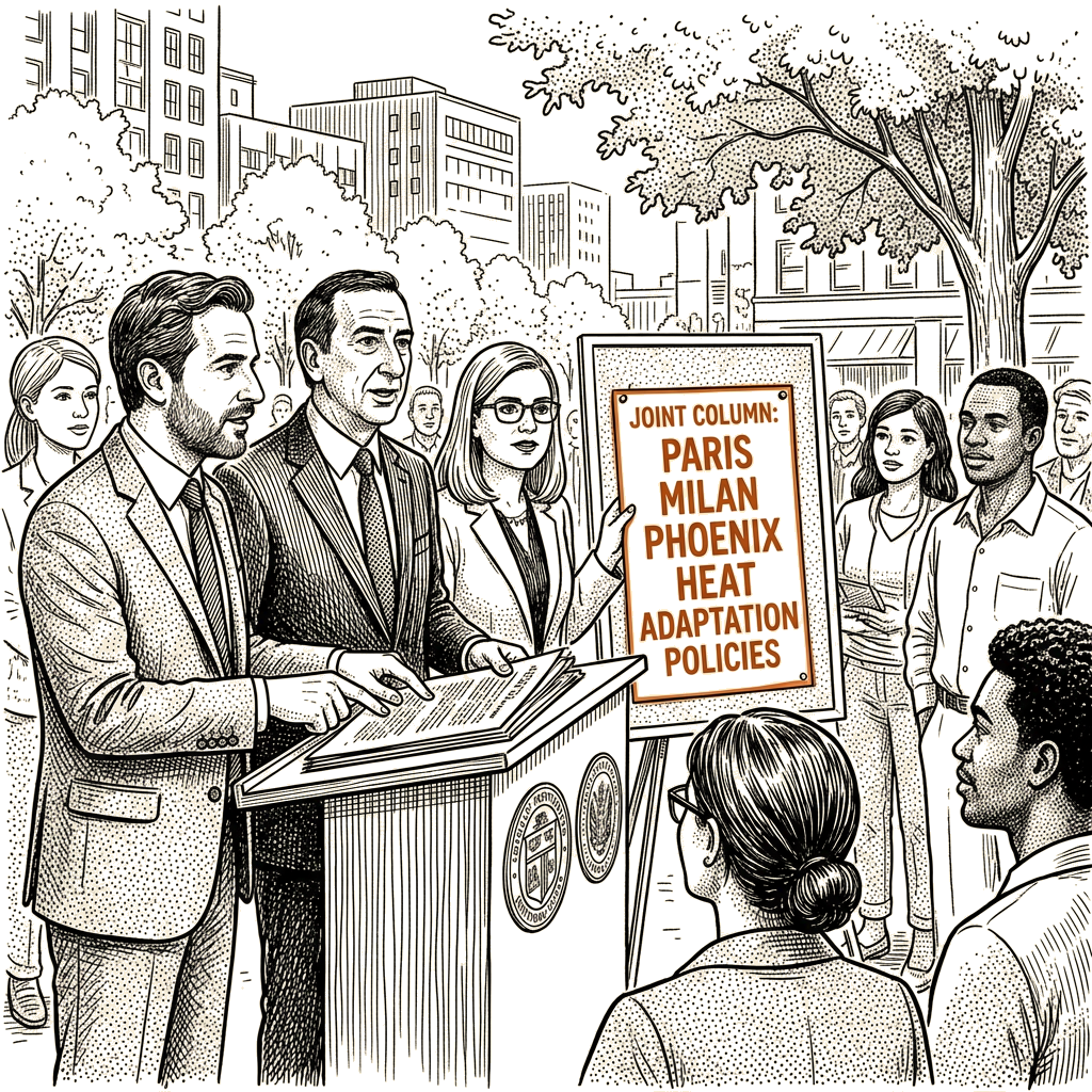 Illustration accompanying article: Mayors of Paris, Milan and Phoenix detail heat policies in joint column