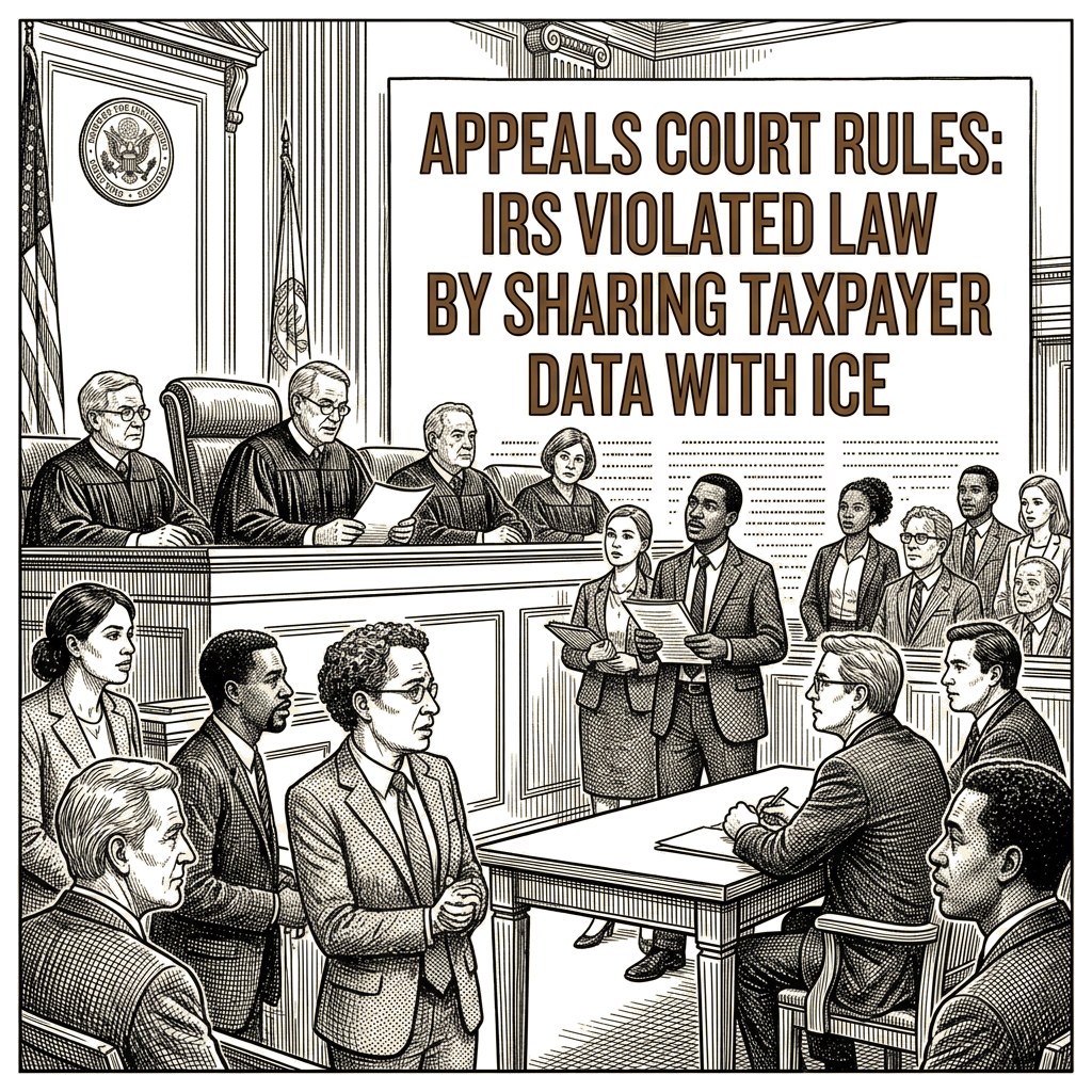 Illustration accompanying article: Appeals court rules IRS violated law by sharing taxpayer data with ICE