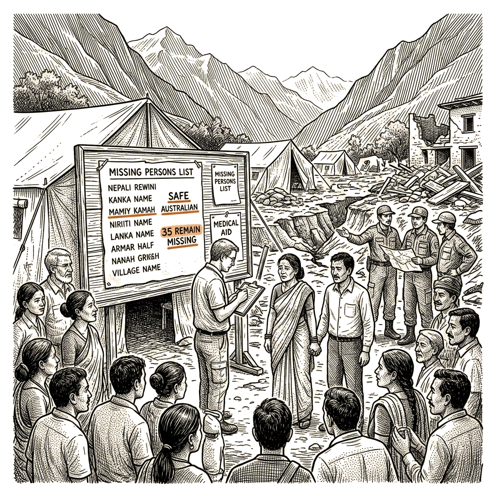 Illustration accompanying article: Australian confirmed safe in Nepal-Tibet floods as 35 remain missing