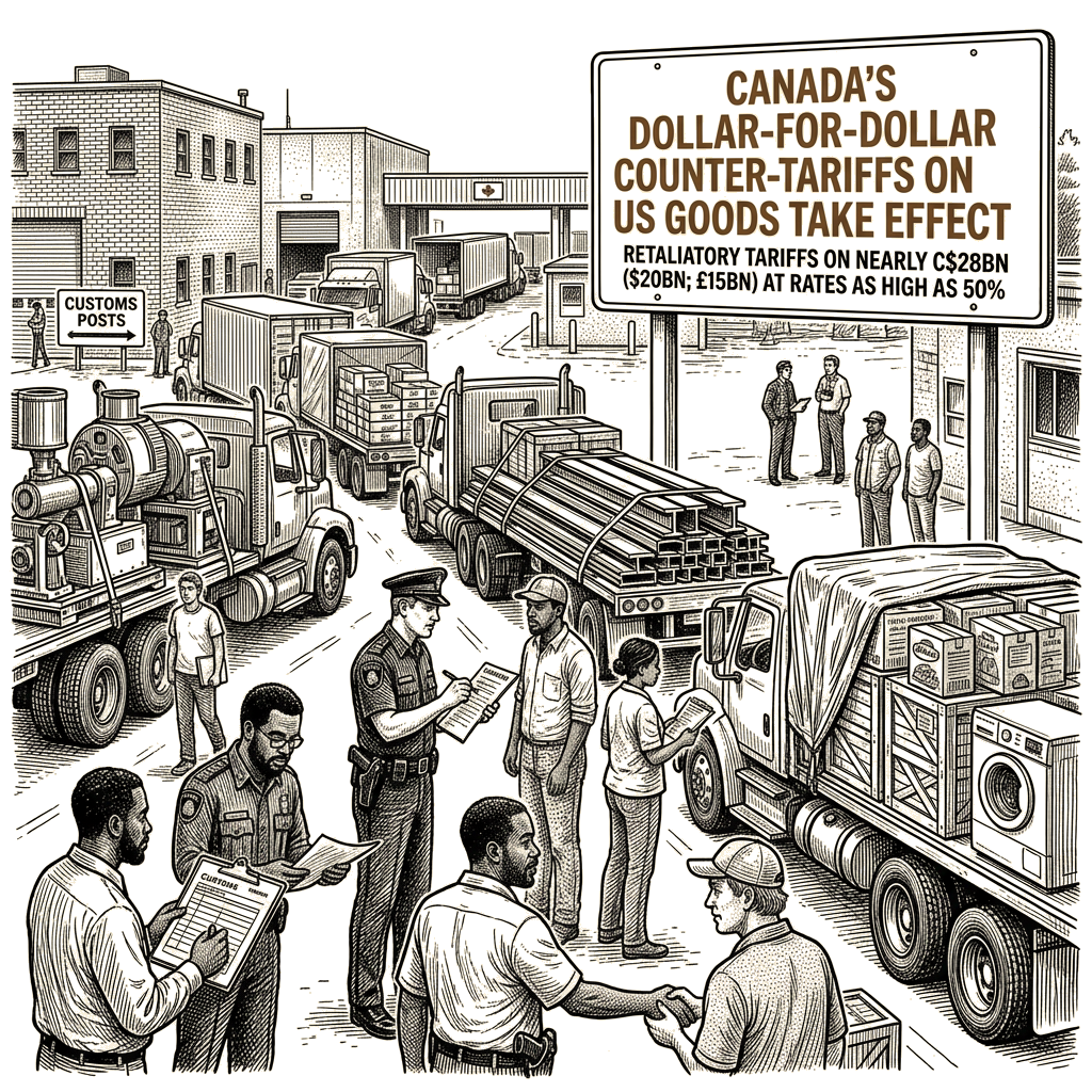Illustration accompanying article: Canada's dollar-for-dollar counter-tariffs on US goods take effect