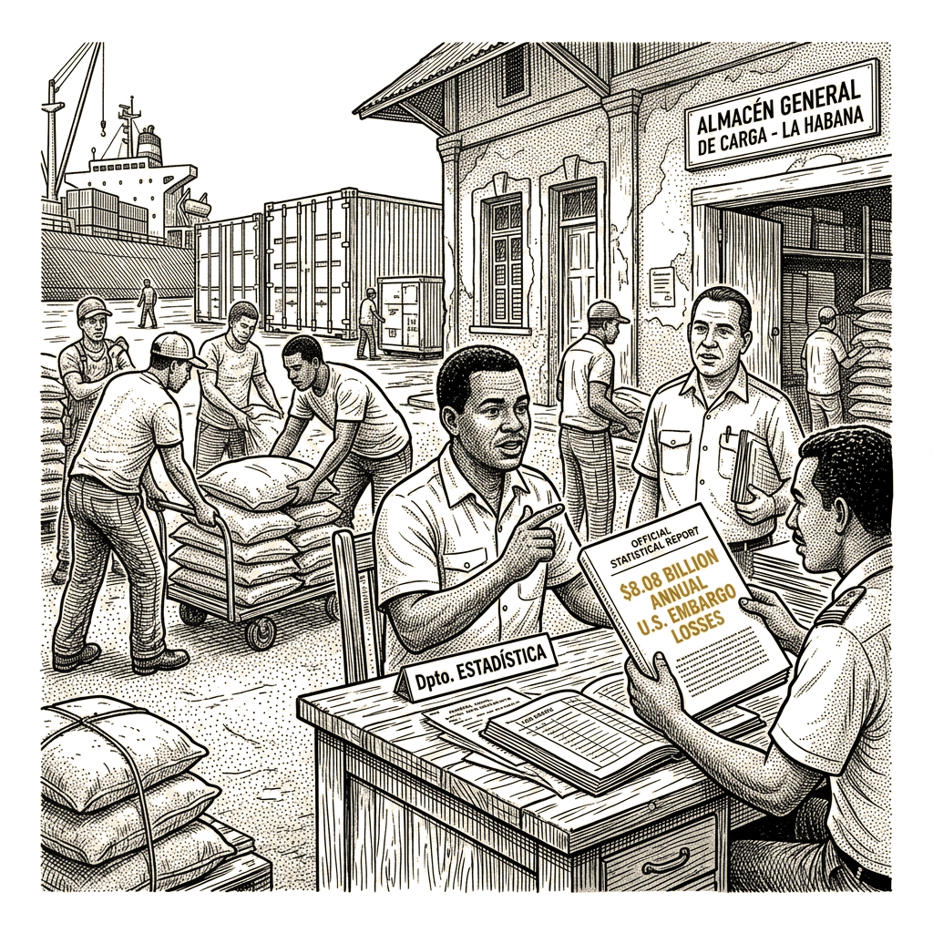 Illustration accompanying article: Cuba reports record $8.08 billion in annual U.S. embargo losses