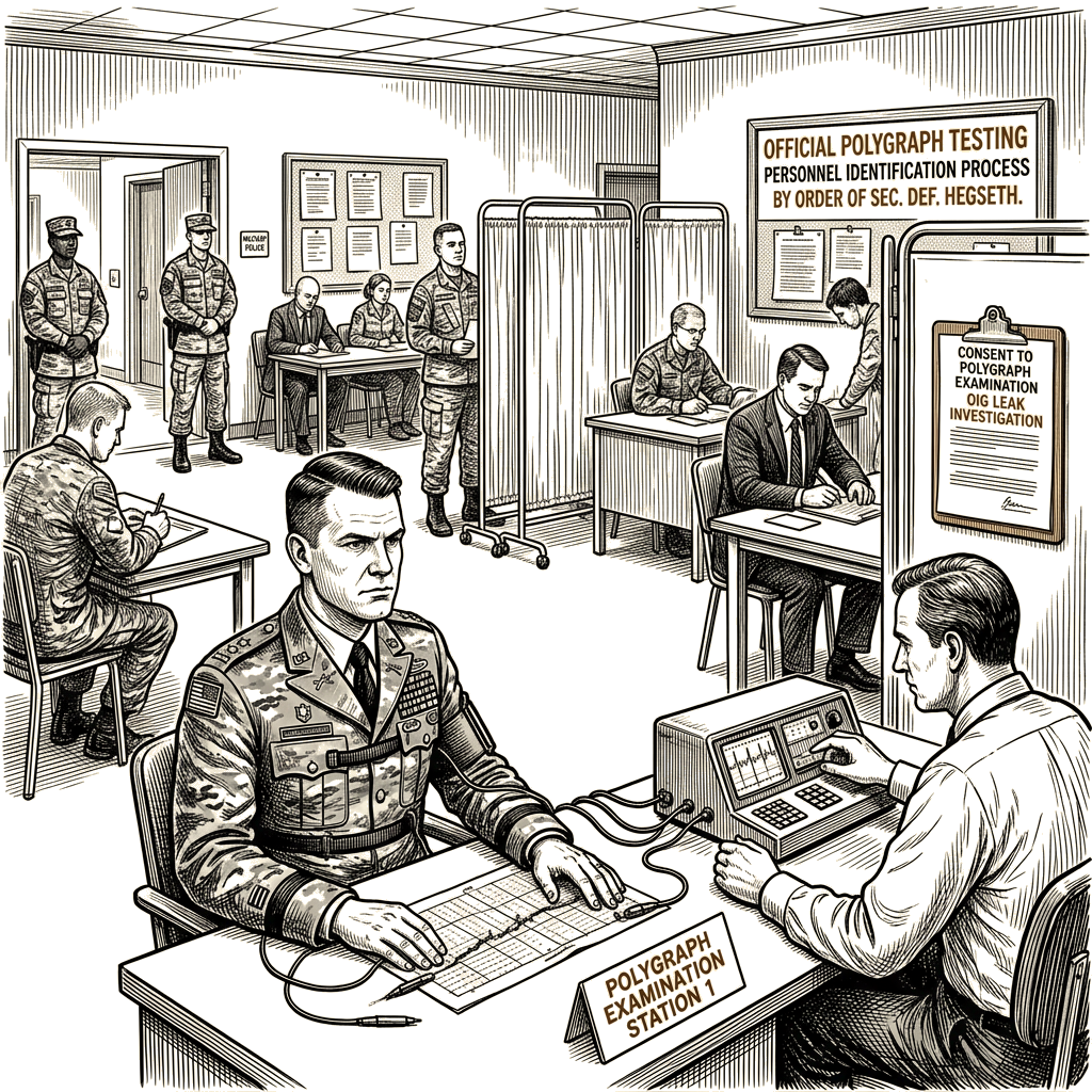 Illustration accompanying article: Hegseth orders polygraph tests for Pentagon officials to find leakers