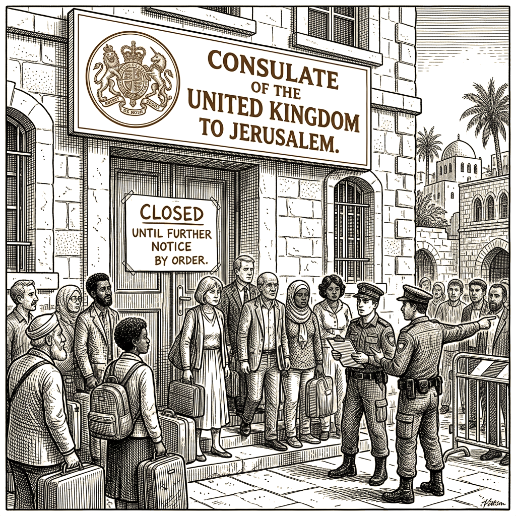 Illustration accompanying article: Israel shuts UK Jerusalem consulate, bars twelve British citizens