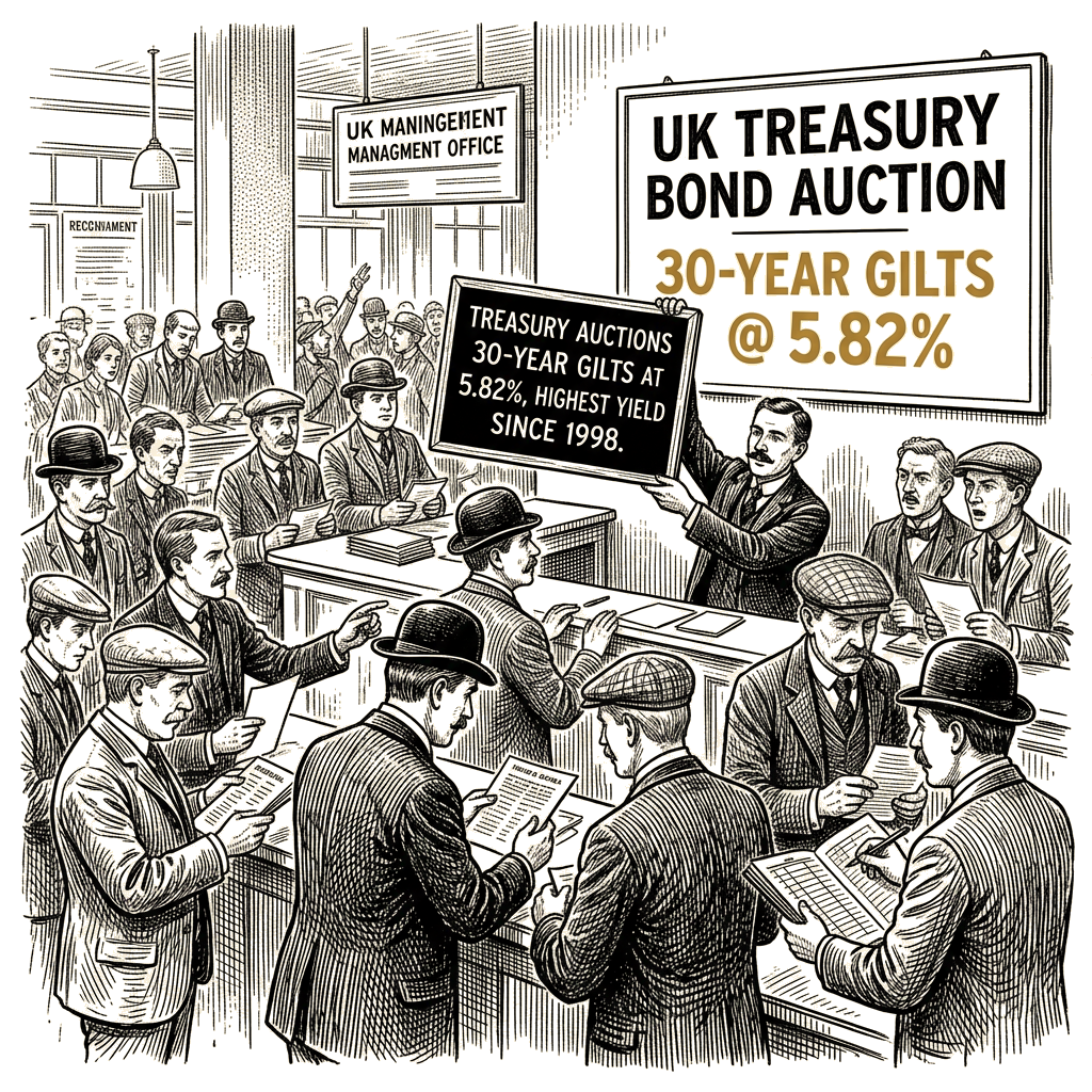 Illustration accompanying article: Treasury auctions 30-year gilts at 5.82%, highest yield since 1998