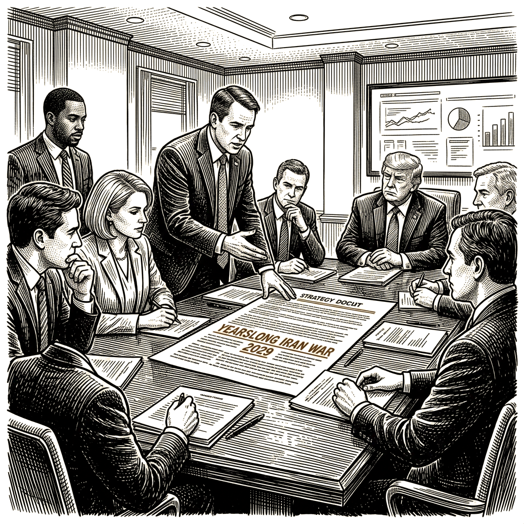 Illustration accompanying article: Advisers weigh yearslong Iran war as Trump predicts post-midterm end