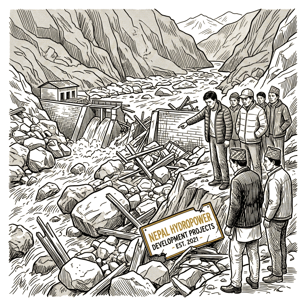 Illustration accompanying article: Glacial collapse wipes out a dozen Nepal hydropower projects
