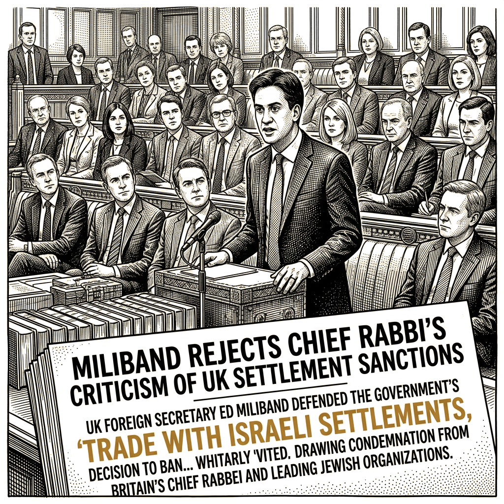 Illustration accompanying article: Miliband rejects chief rabbi's criticism of UK settlement sanctions