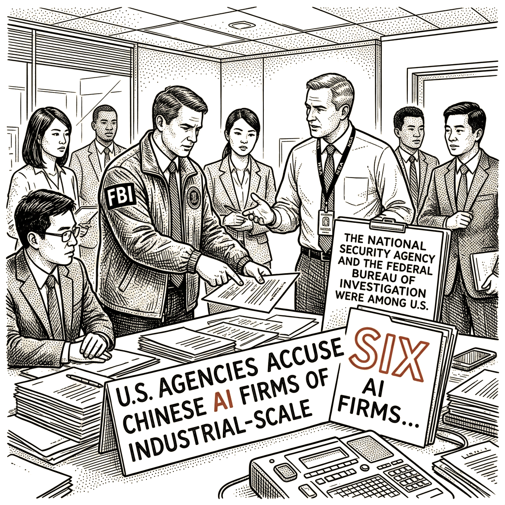 Illustration accompanying article: U.S. agencies accuse six Chinese AI firms of industrial-scale distillation