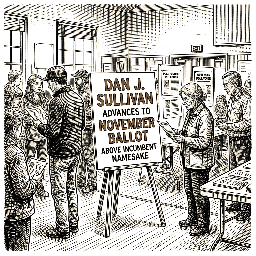 Illustration accompanying article: Dan J. Sullivan advances to November ballot above incumbent namesake