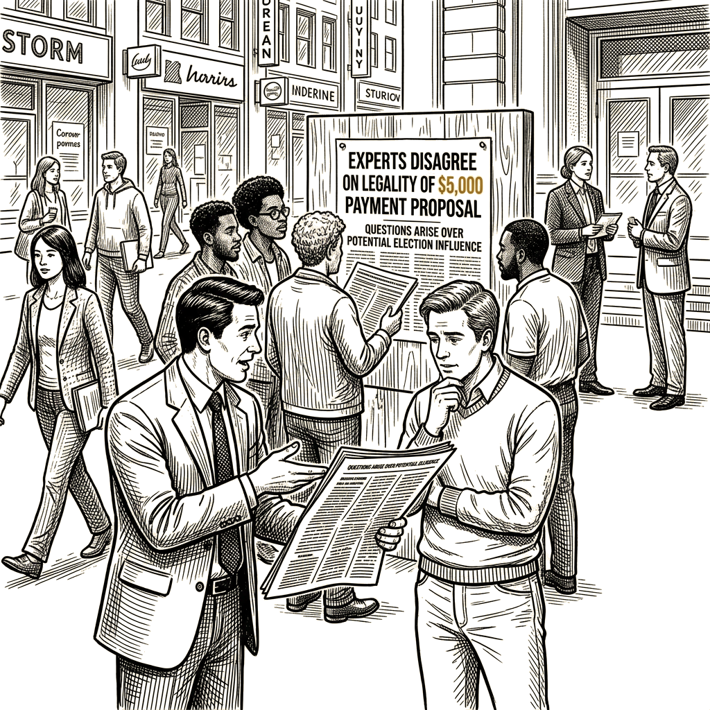 Illustration accompanying article: Experts offer different legal views of Trump's proposed $5,000 payments