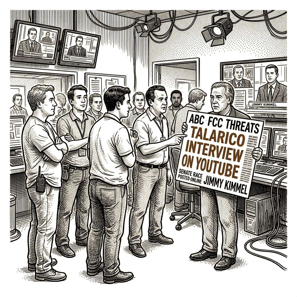 Illustration accompanying article: Kimmel moves Talarico Senate interview to YouTube, citing FCC threats to ABC