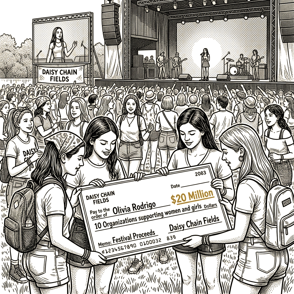 Illustration accompanying article: Olivia Rodrigo's festival raises $20 million for women and girls