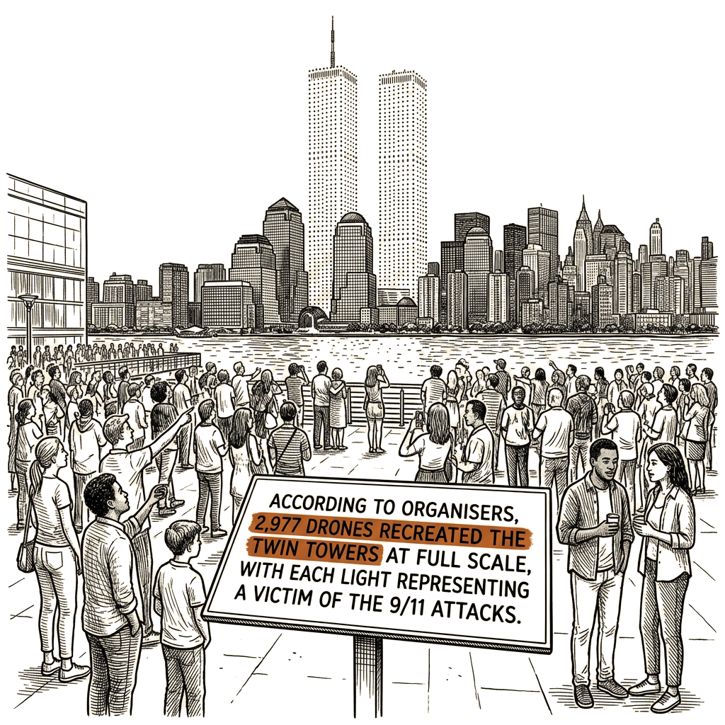 Illustration accompanying article: Organisers say 2,977 drones recreated the Twin Towers at full scale