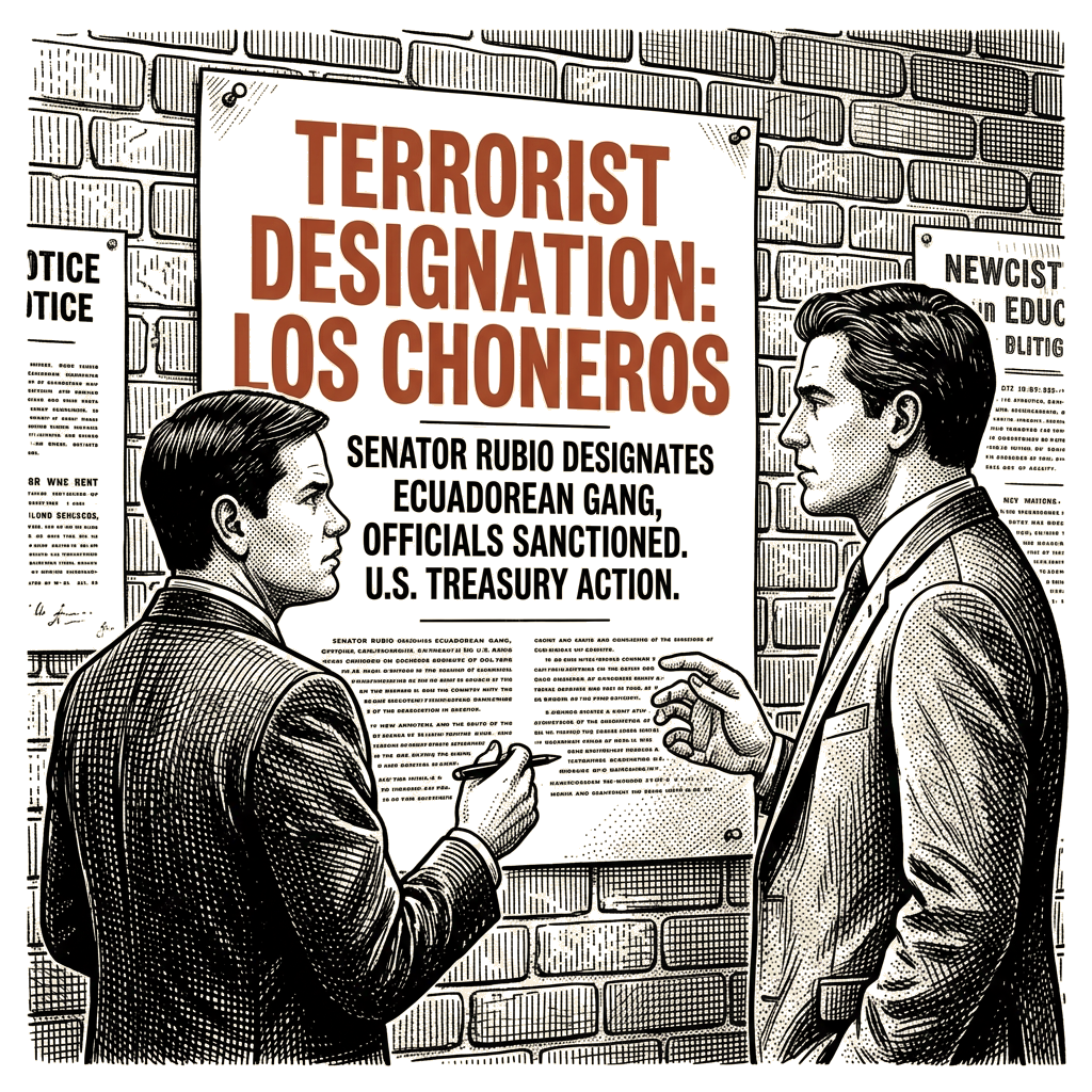 Illustration accompanying article: Rubio designates Ecuadorean gang as terrorist group, sanctions officials