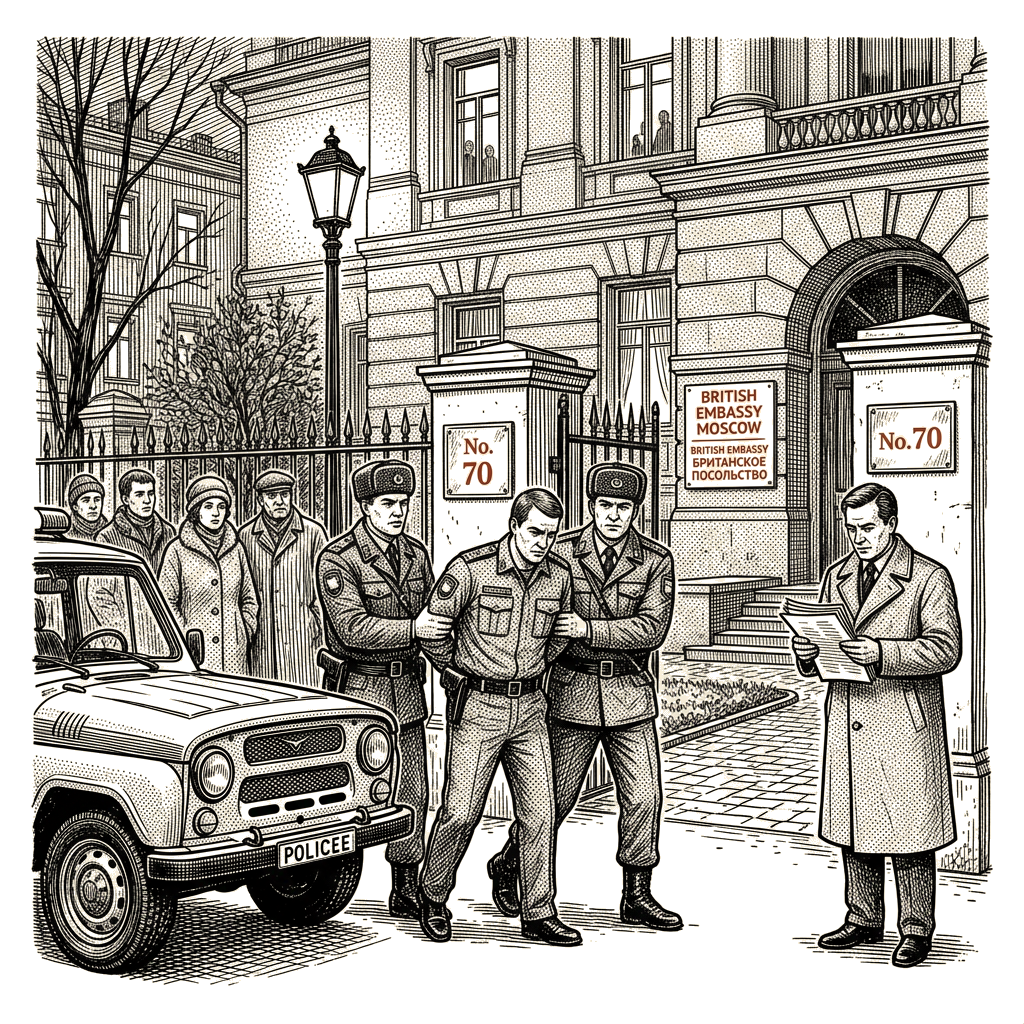 Illustration accompanying article: Russia says it detained Russian guard at British embassy over alleged plot