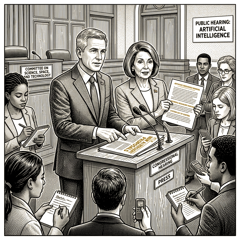 Illustration accompanying article: Bipartisan lawmakers push new AI oversight proposals after researcher warning