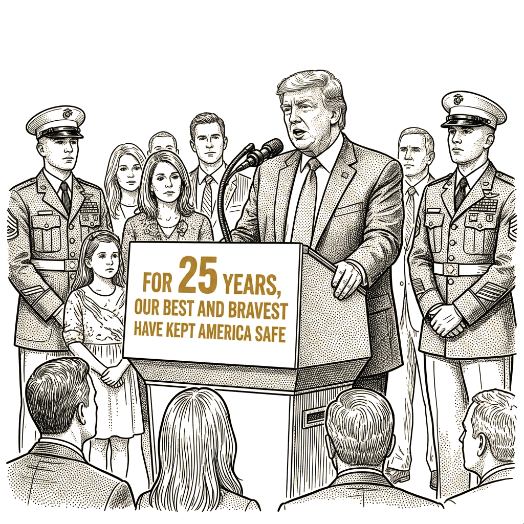 Illustration accompanying article: Trump praises military's 25-year war on terror service at 9/11 ceremony