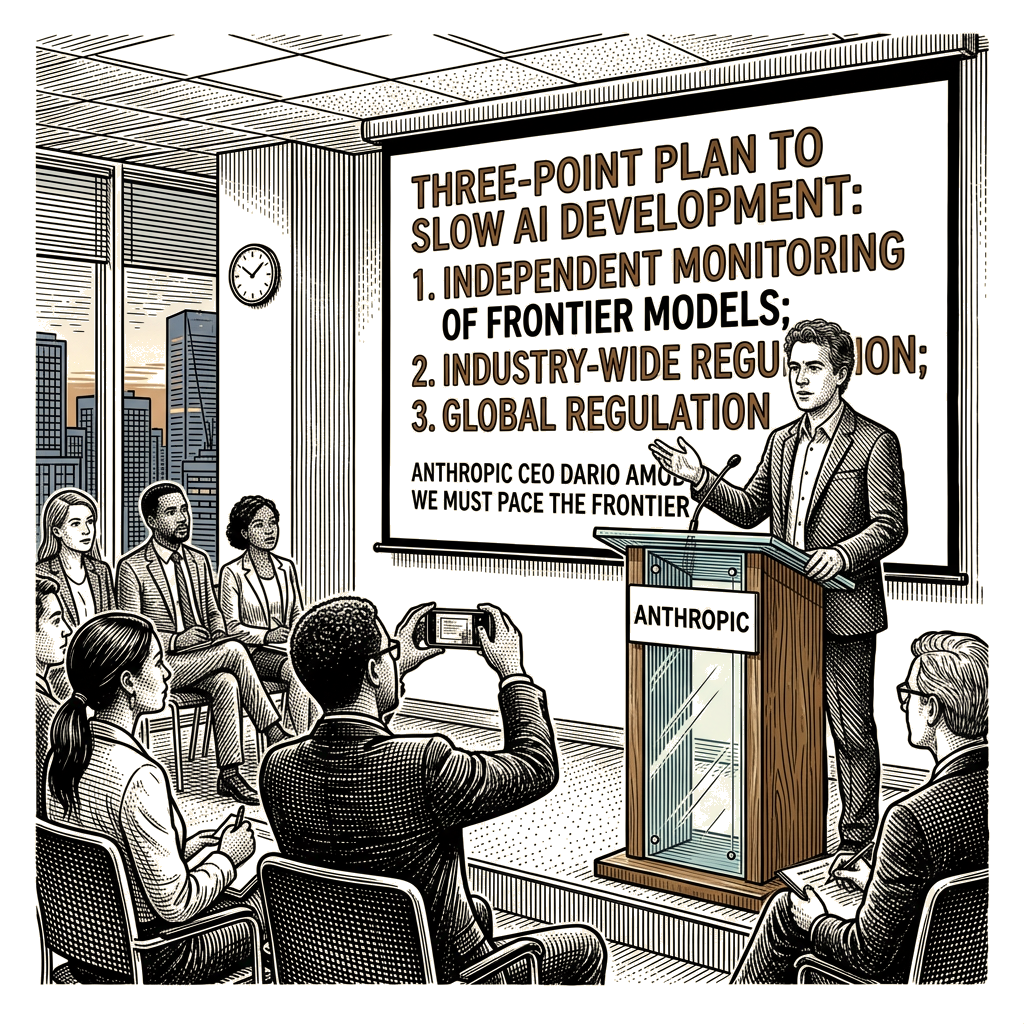 Illustration accompanying article: Anthropic CEO Dario Amodei proposes three-point plan to slow AI development