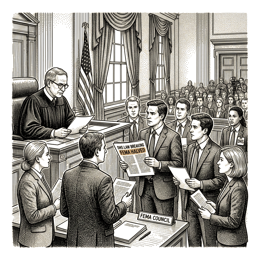 Illustration accompanying article: Federal judge rules DHS broke law halving FEMA workforce