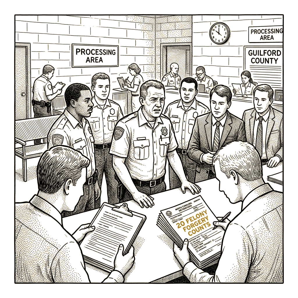Illustration accompanying article: Former North Carolina detention officer faces 20 felony forgery counts