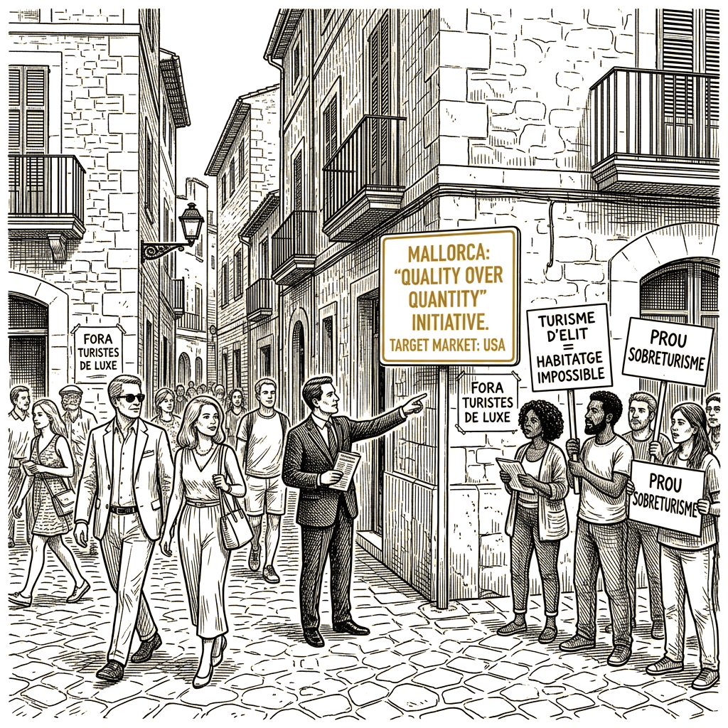 Illustration accompanying article: Mallorca courts wealthy American tourists as housing crisis fuels local anger