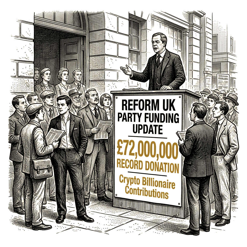 Illustration accompanying article: Reform UK receives record £72 million from crypto billionaires
