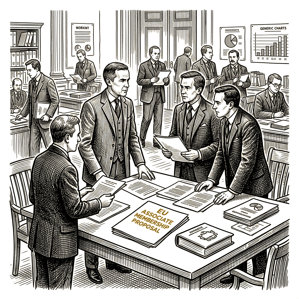 Illustration accompanying article: Carney explores associate EU membership as US ties deteriorate