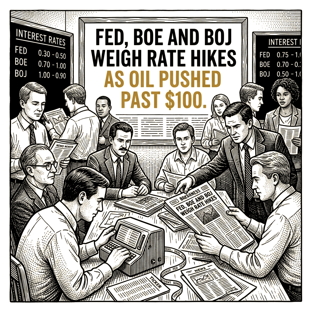 Illustration accompanying article: Fed, BoE and BoJ weigh rate hikes as oil pushed past $100