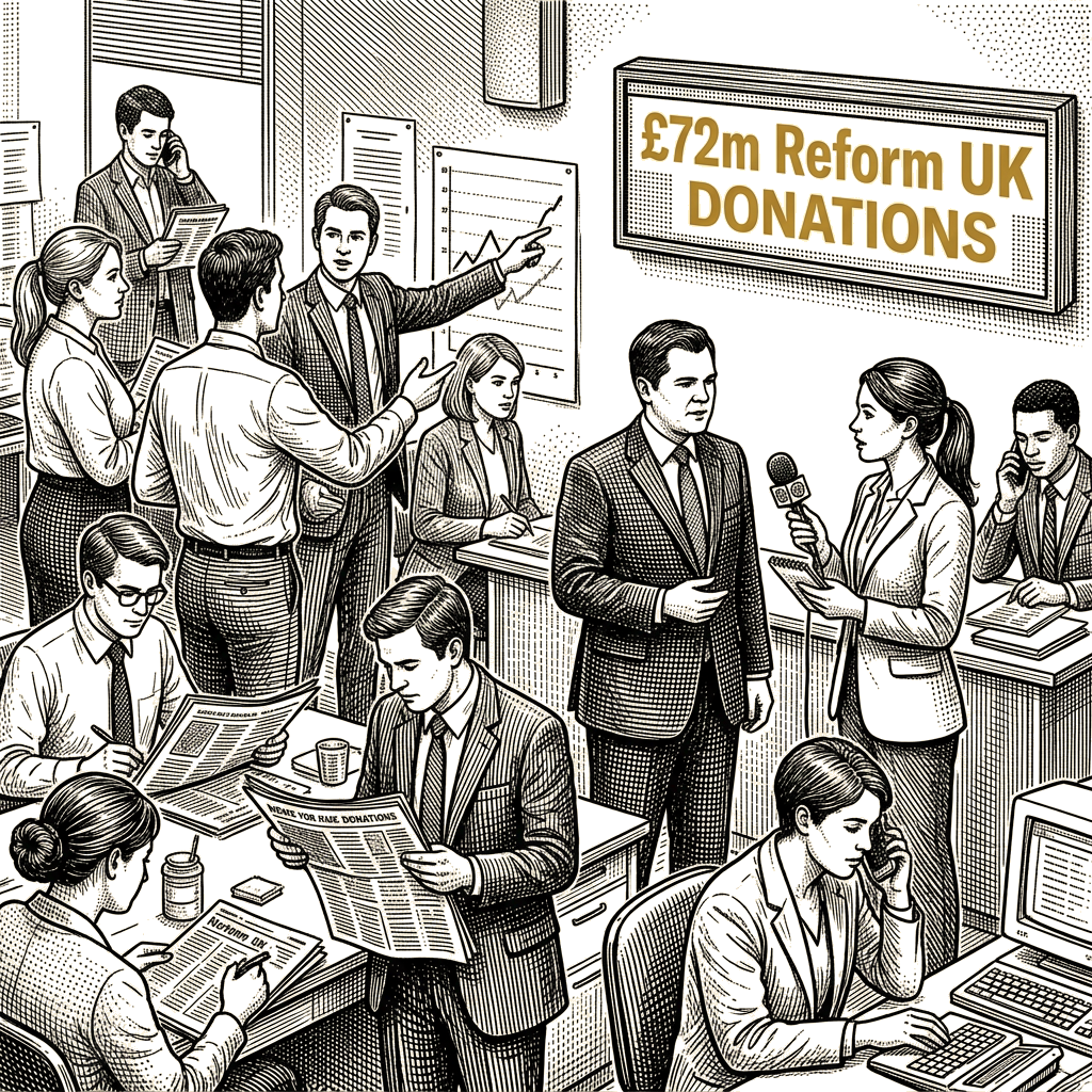 Illustration accompanying article: Jenrick calls £72m Reform UK donations a 'breakthrough moment'
