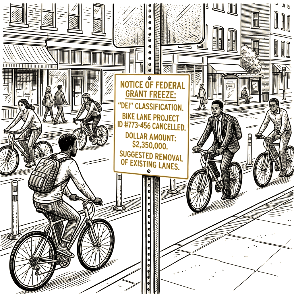 Illustration accompanying article: Trump administration calls bike lanes 'DEI,' moves to freeze grants