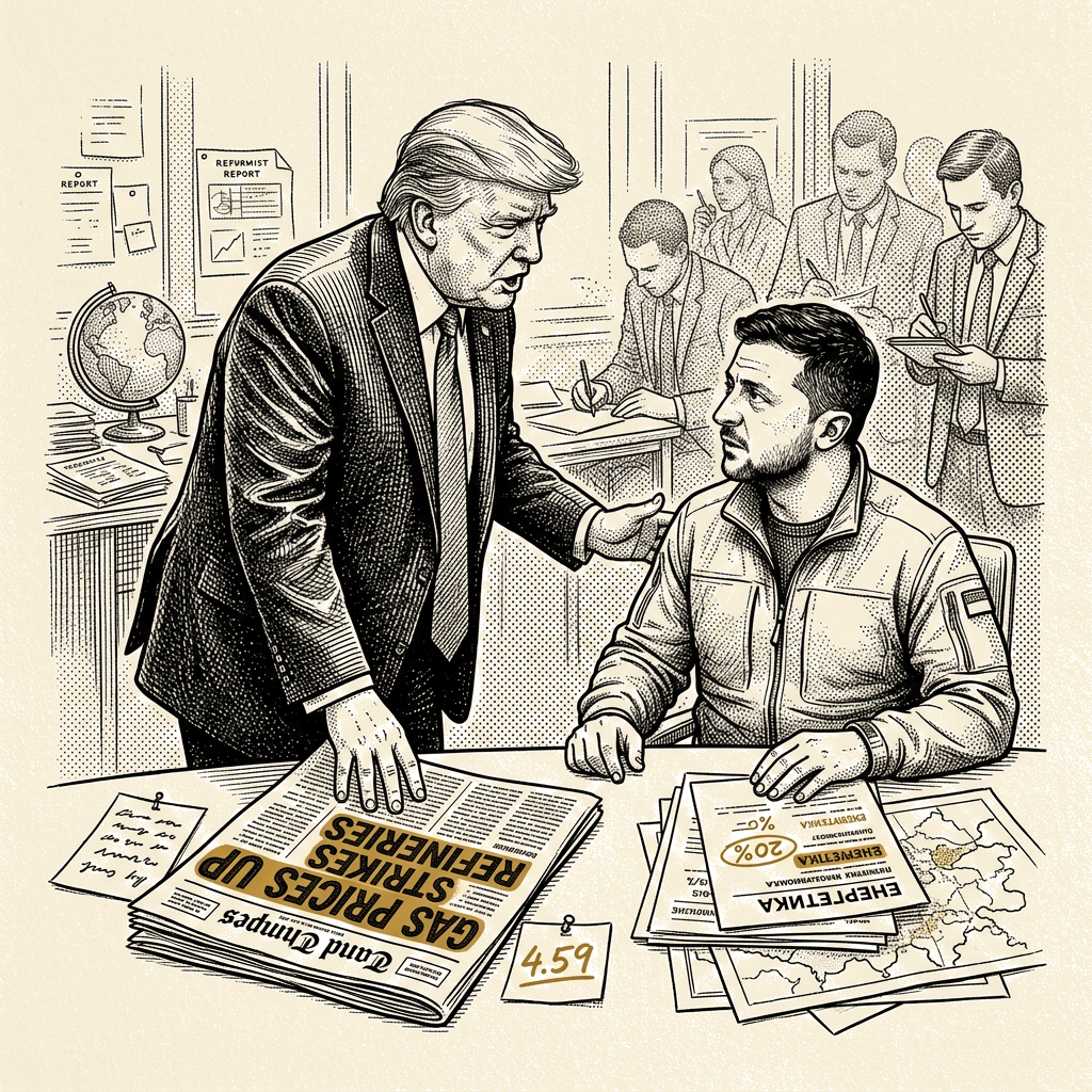 Illustration accompanying article: Trump presses Zelensky on Russian refinery strikes, citing diesel prices