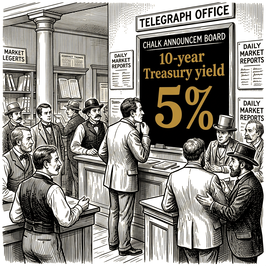 Illustration accompanying article: 10-year Treasury yield briefly tops 5% as Fed meeting approaches