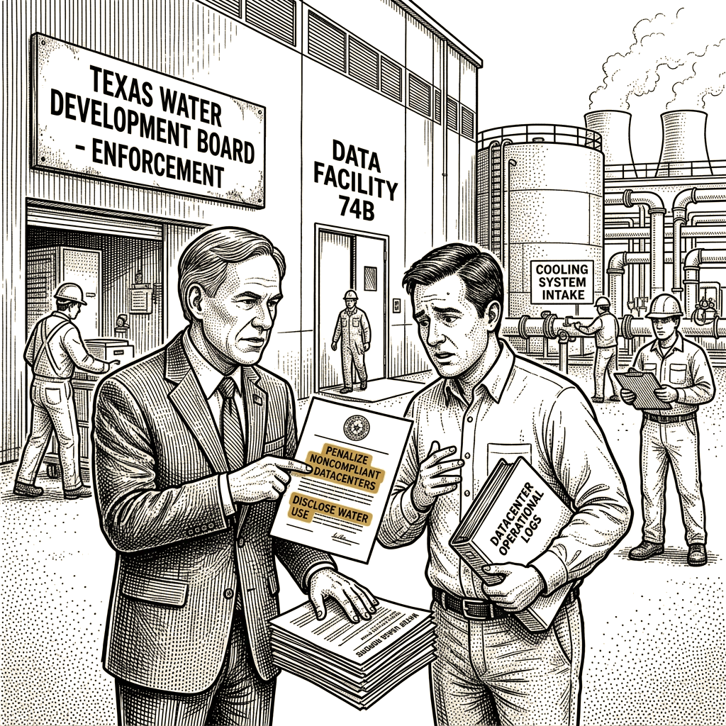 Illustration accompanying article: Abbott orders Texas water board to penalize noncompliant datacenters