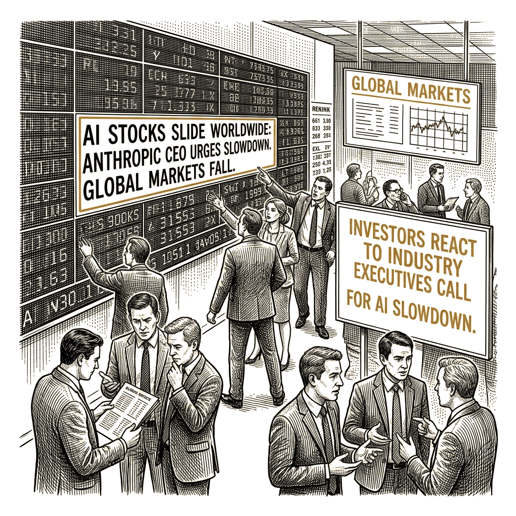 Illustration accompanying article: AI stocks slide worldwide after Anthropic CEO urges industry slowdown