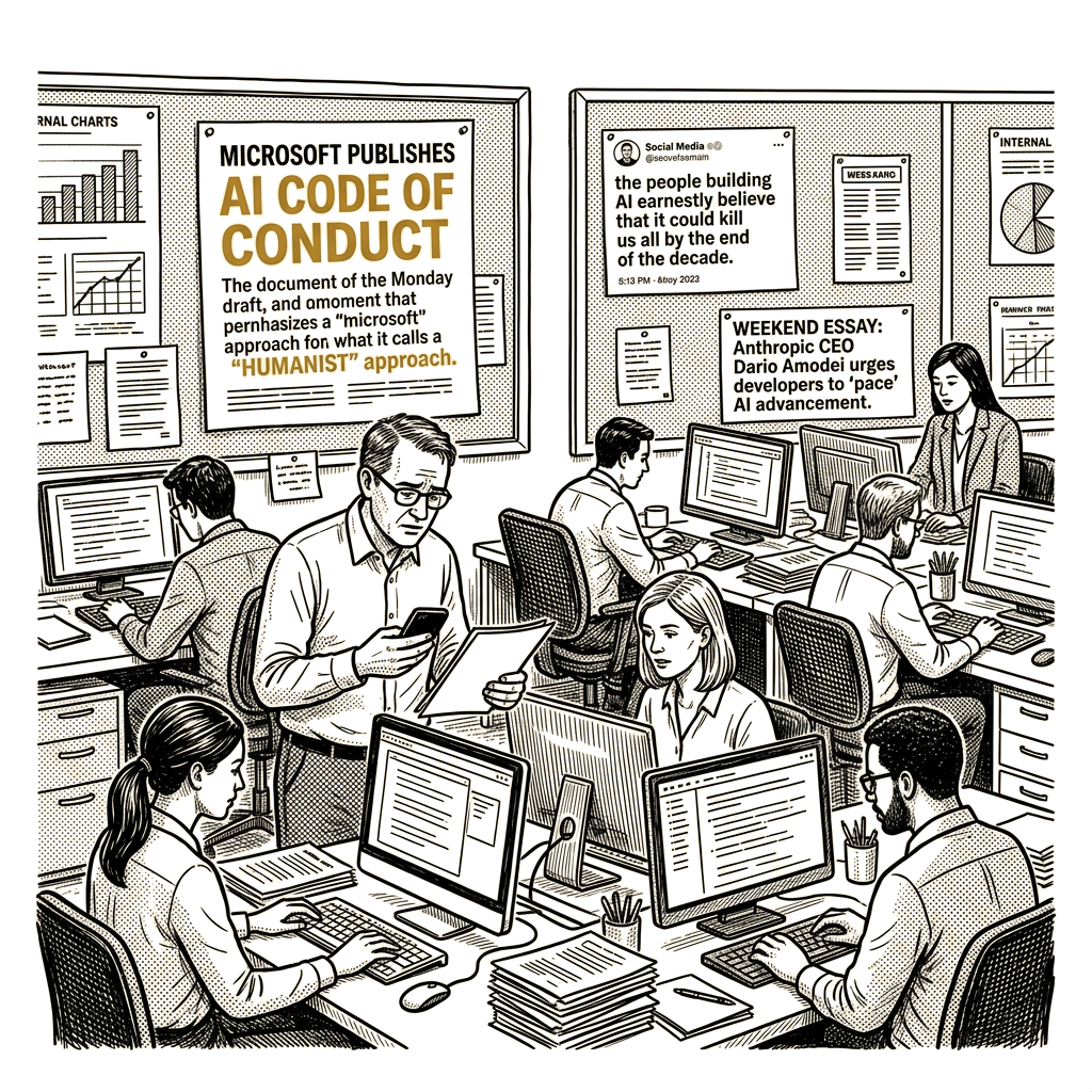 Illustration accompanying article: Anthropic researcher Coxon resigns as Microsoft publishes AI code of conduct