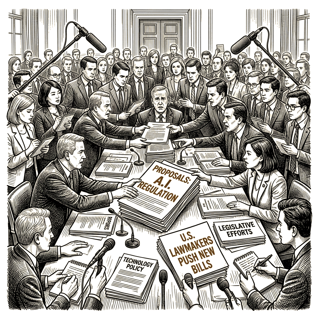 Illustration accompanying article: Dozens of lawmakers push new AI regulation proposals