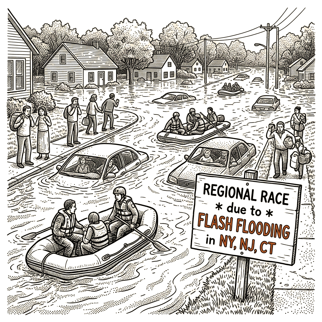 Illustration accompanying article: Flash flooding hits three Northeast states, disrupts half-marathon