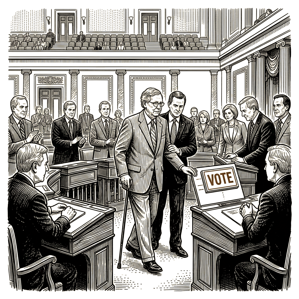 Illustration accompanying article: McConnell returns to Senate floor, casts first vote since June fall