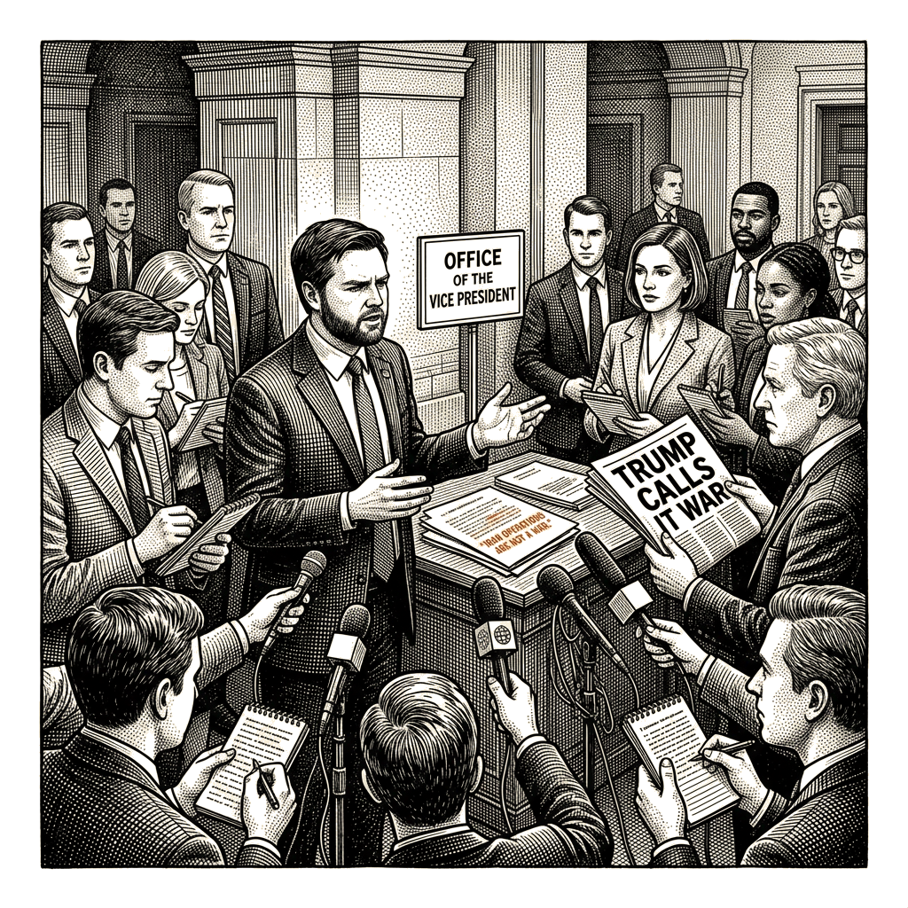 Illustration accompanying article: Vance says Iran fight is not a war; Trump has called it one