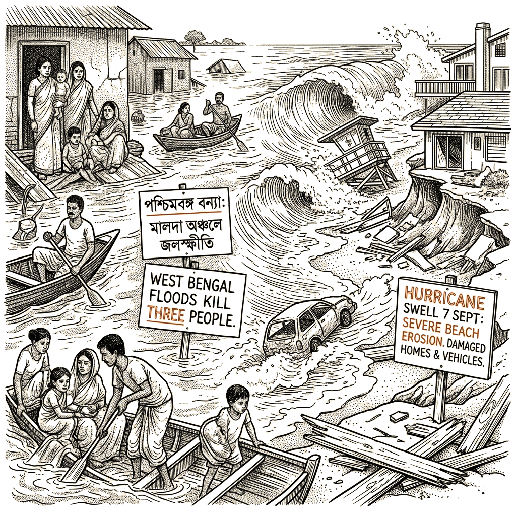 Illustration accompanying article: West Bengal floods kill three as Hurricane Marie damages California beaches