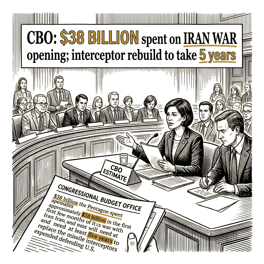 Illustration accompanying article: CBO: $38 billion spent on Iran war opening; interceptor rebuild to take 5 years