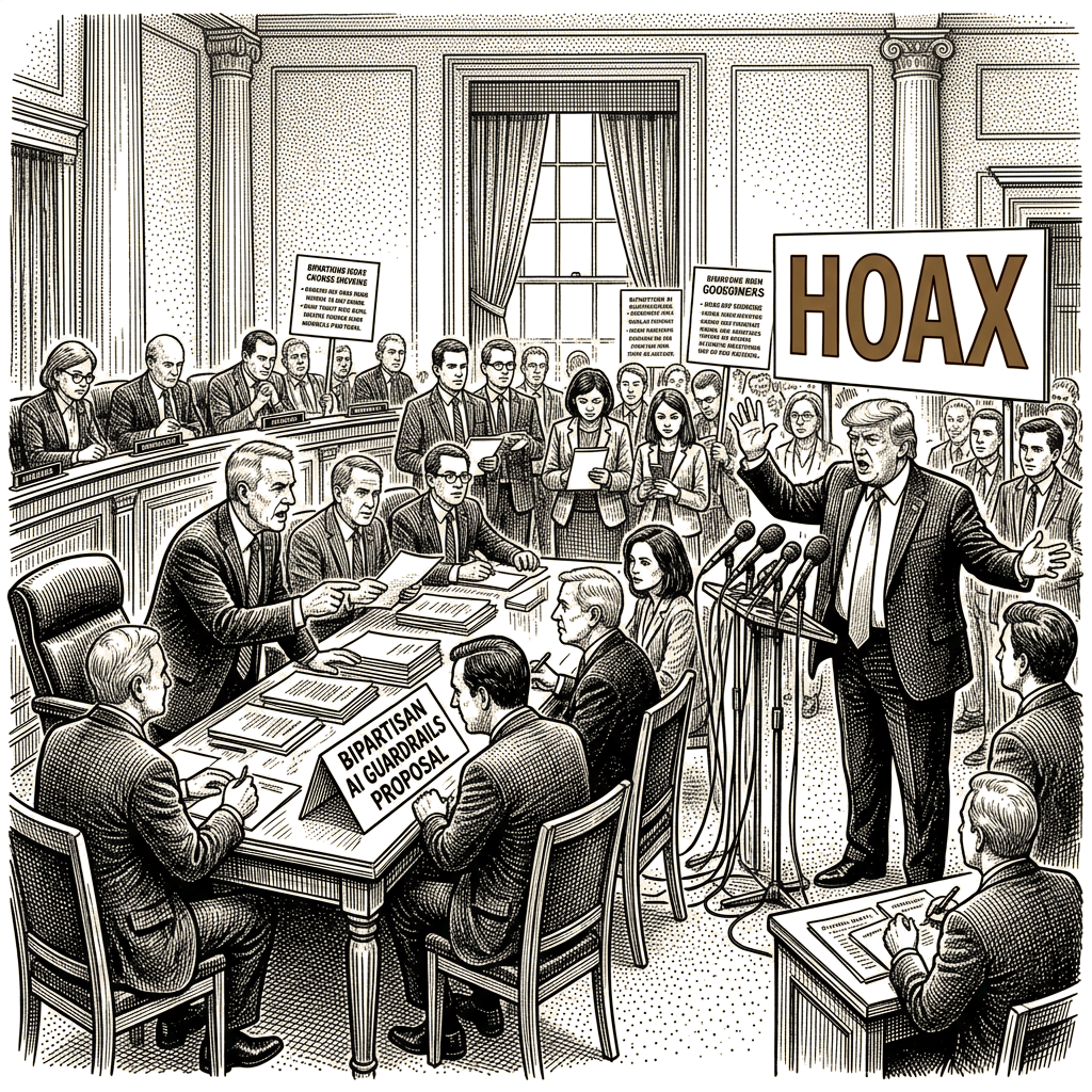 Illustration accompanying article: Congress builds bipartisan push for AI guardrails as Trump dismisses risks