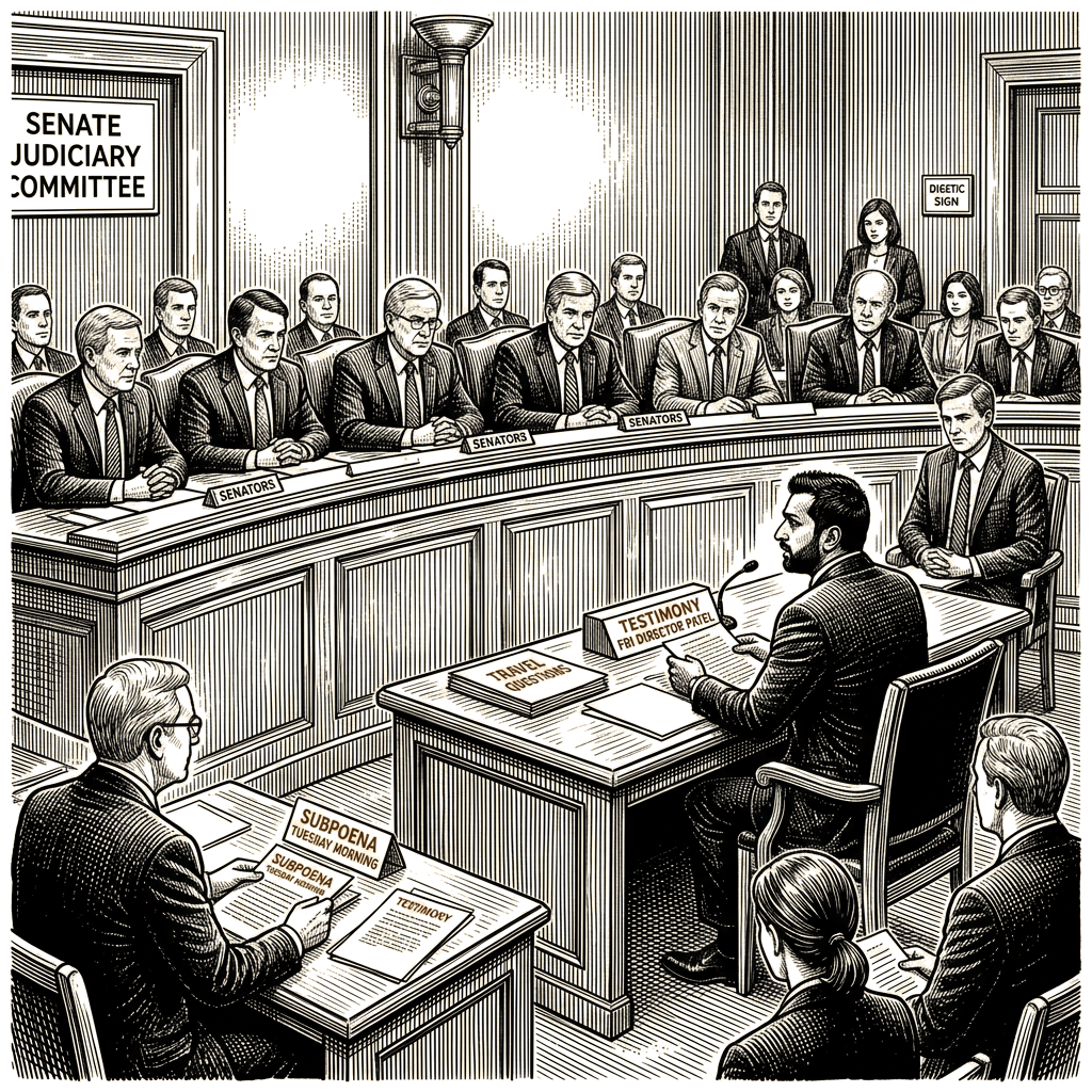 Illustration accompanying article: FBI Director Kash Patel to face Senate panel on travel questions