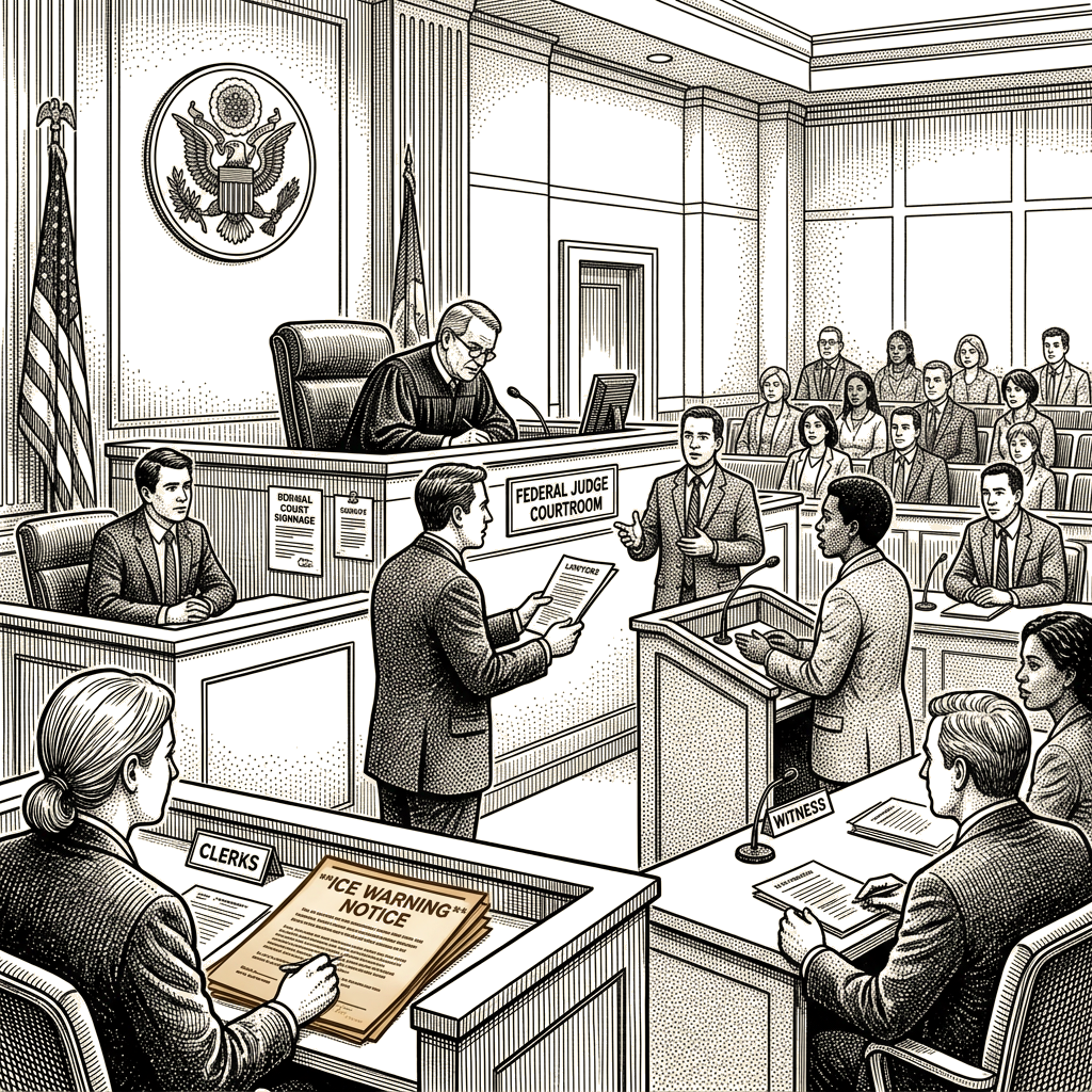 Illustration accompanying article: Federal judge finds First Amendment injury in ICE warning notice case