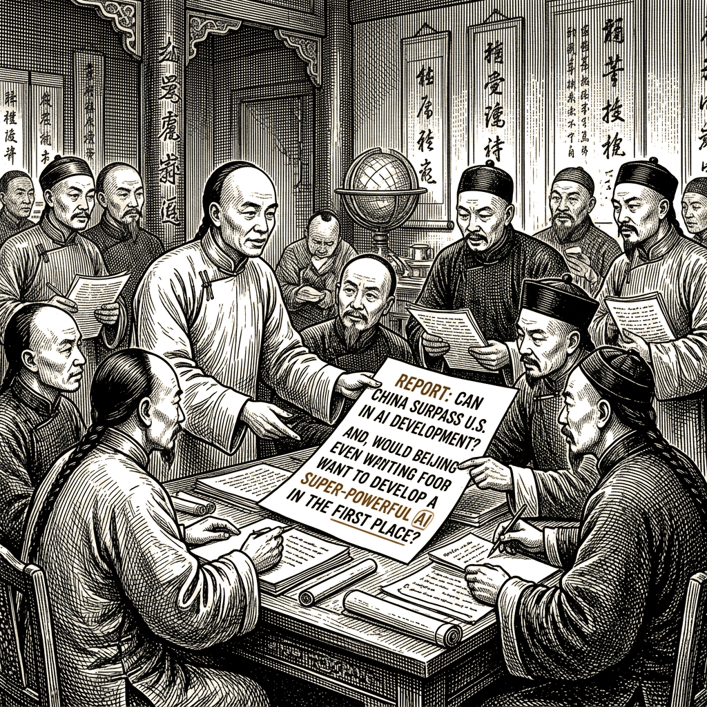 Illustration accompanying article: Feng reports debate over whether Beijing would want super-powerful AI