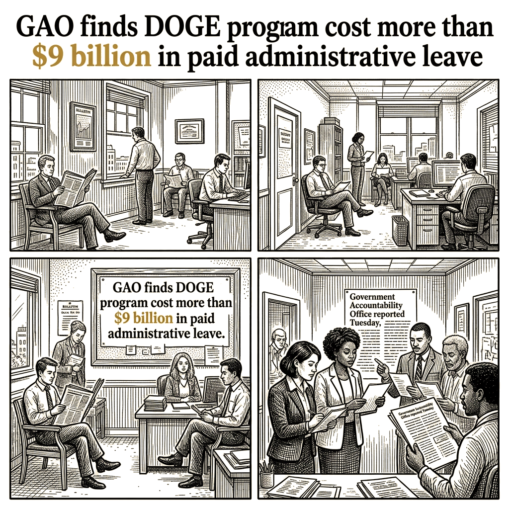 Illustration accompanying article: GAO finds DOGE program cost more than $9 billion in paid administrative leave