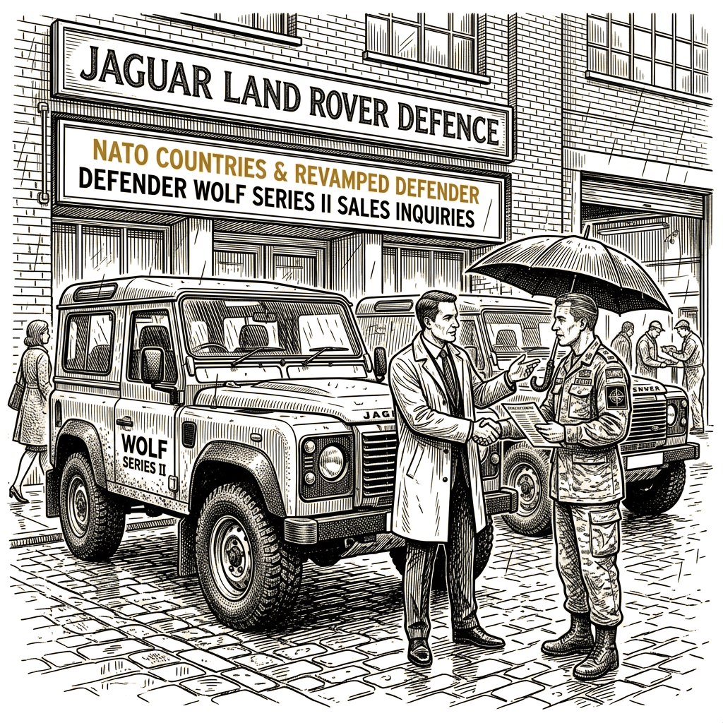 Illustration accompanying article: Jaguar Land Rover opens new defence unit to sell military Defenders to NATO