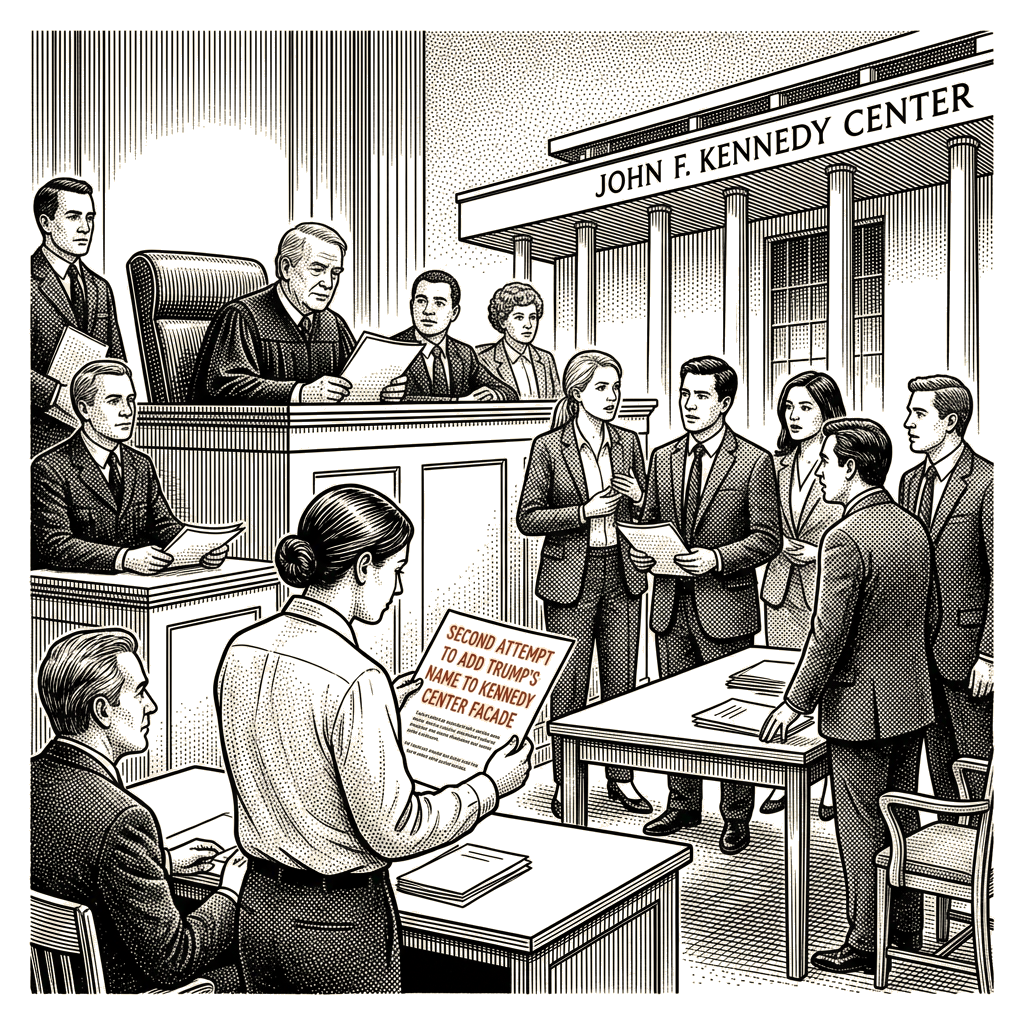 Illustration accompanying article: Judge blocks second attempt to add Trump's name to Kennedy Center facade