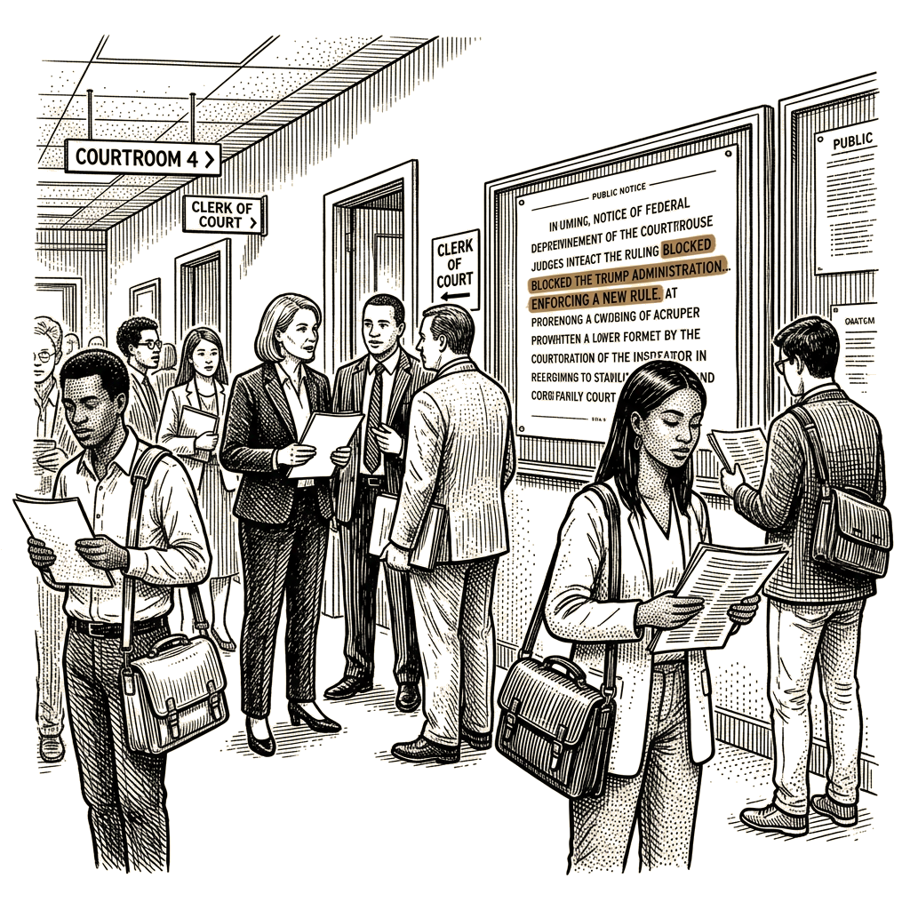 Illustration accompanying article: Judge blocks Trump visa duration caps for foreign students, journalists