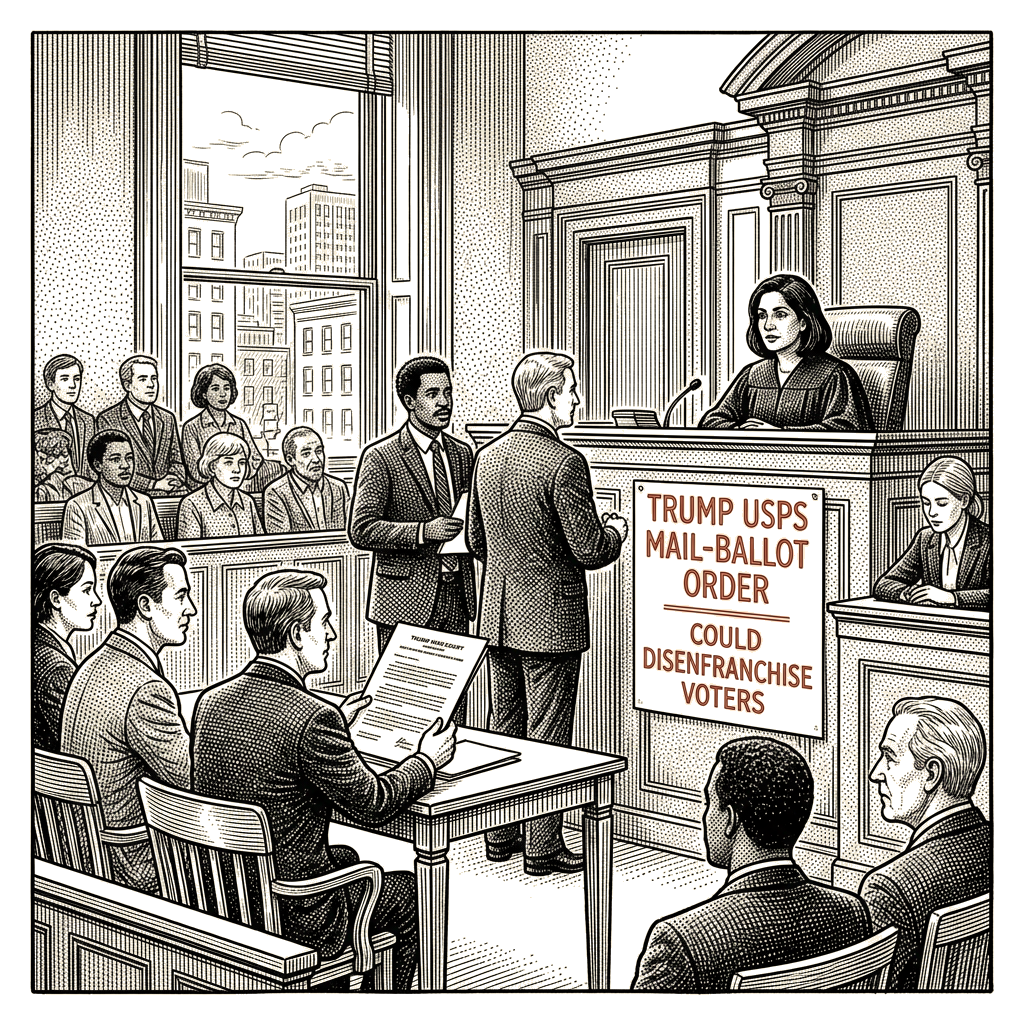 Illustration accompanying article: Judge Talwani rules Trump USPS mail-ballot order could disenfranchise voters